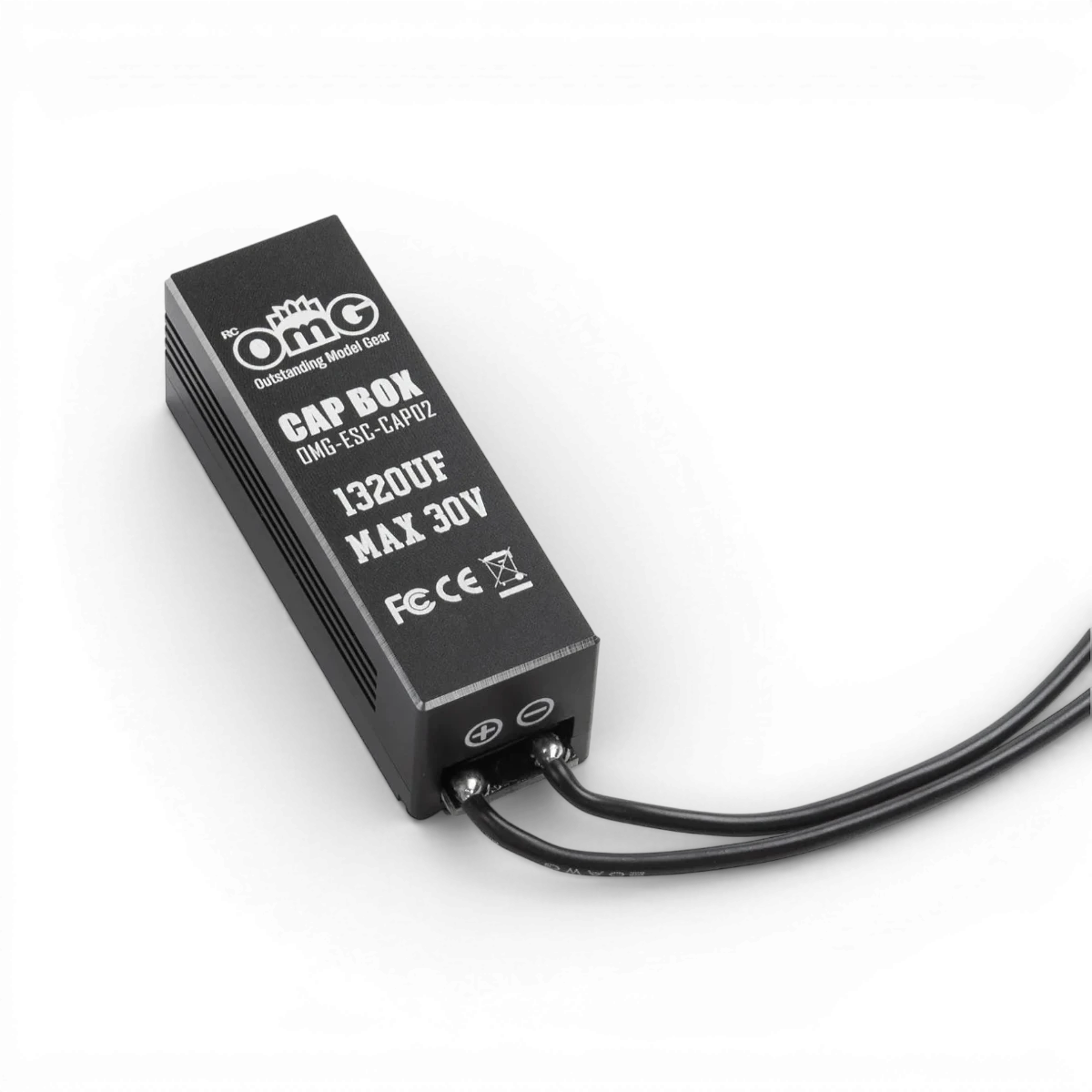 Condensateur noir de 13200UF pour ESC, composant électronique de marque OMG, montrant ses bornes et son corps en plastique noir.