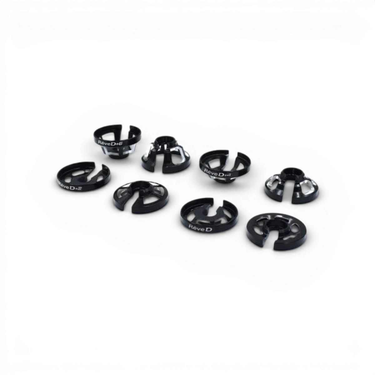 Coupelles amortisseurs +4mm de la marque Team Reve D, pièces détachées pour réglage suspension, vue de l'ensemble des coupelles.