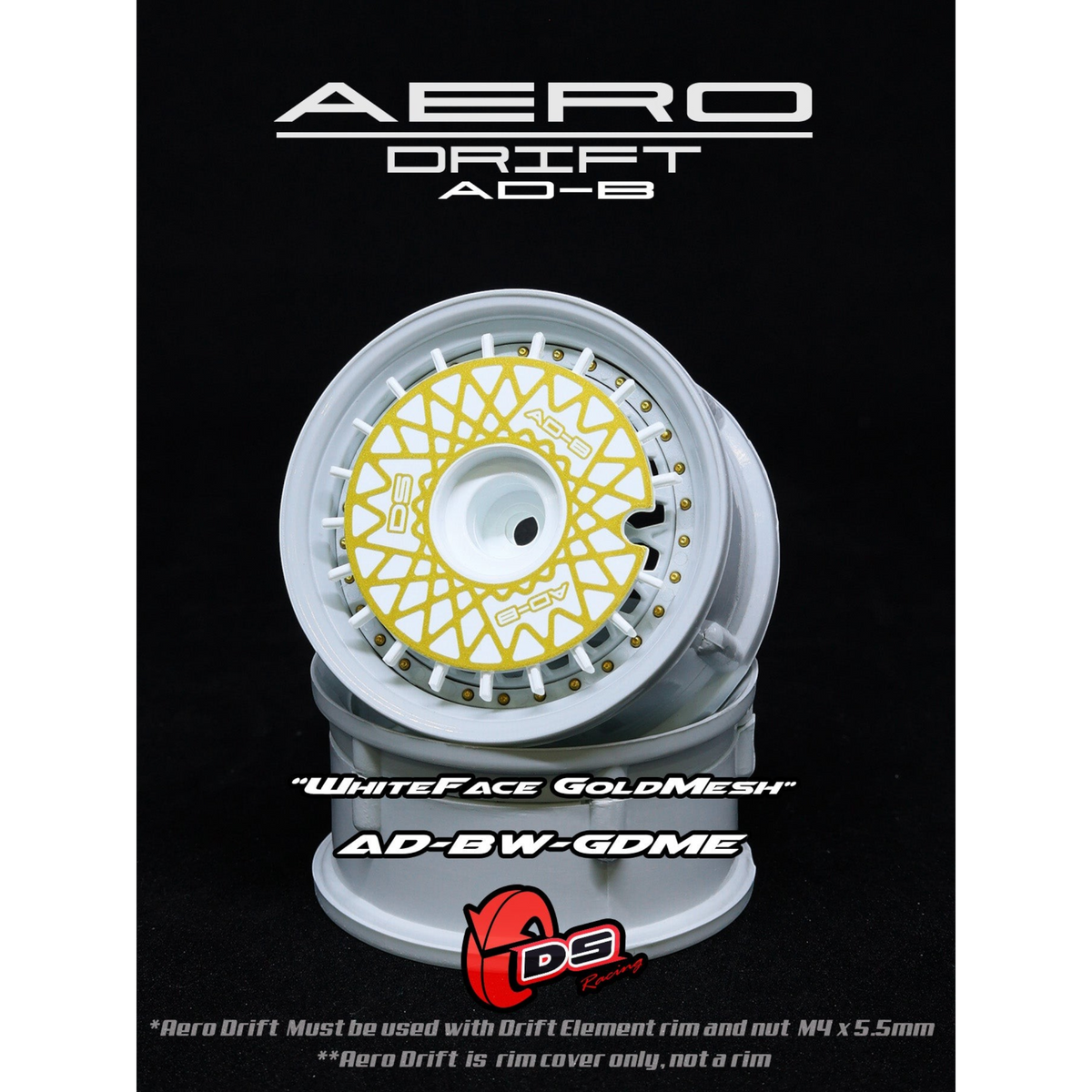 Couvercle Aero Drift blanc et or pour roues Drift Element, design plat, de la marque DS Racing, visible sur le produit.