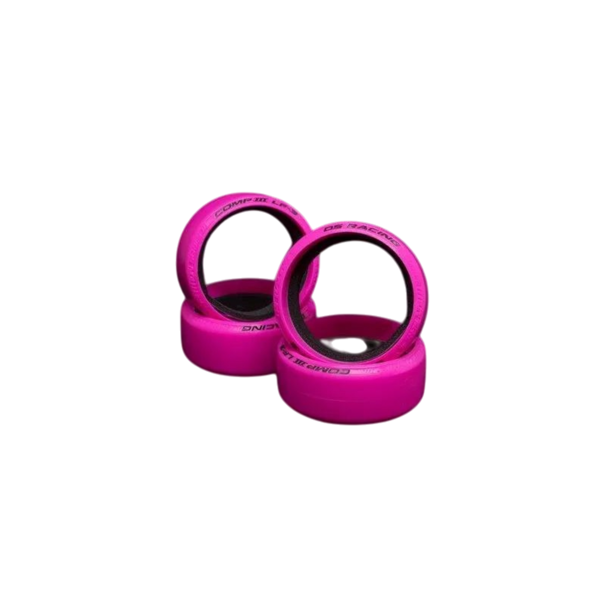 Jeu de 4 roues DS Racing CS3-LF3 Competition Série 3 en rose, pour voiture de course, visibles en gros plan.