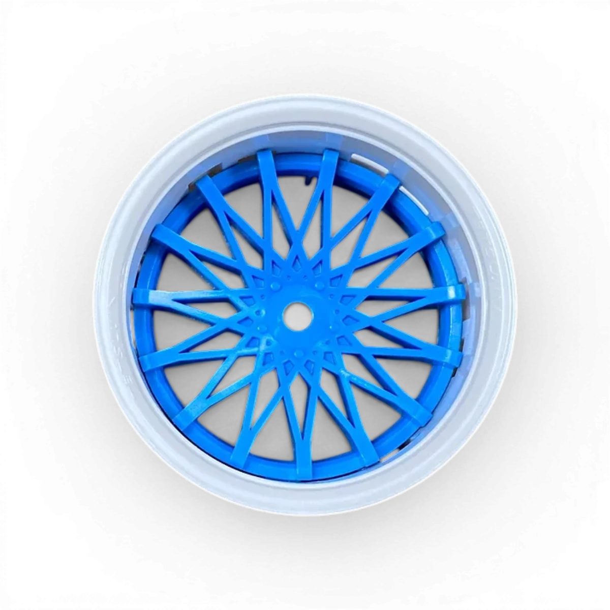 Roues Dahlia blanc et bleu de la marque Tetsujin, ensemble de quatre roues pour vélo ou trottinette.
