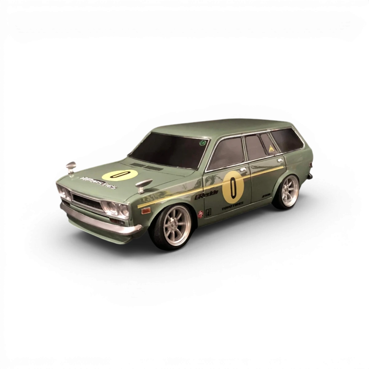 Carrosserie de Datsun 510 Wagon (Break) de la marque Aplastics RC, vue de côté avec détails extérieurs.
