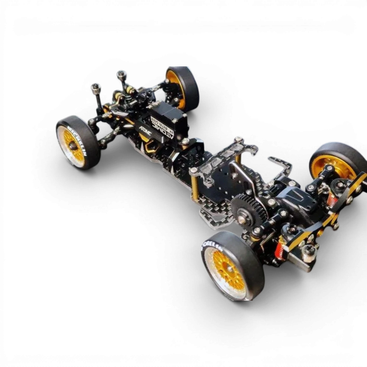 Kit châssis drift RC DRZV3MS RWD de Atomic RC Mini, vue détaillée du châssis pour voitures radiocommandées.