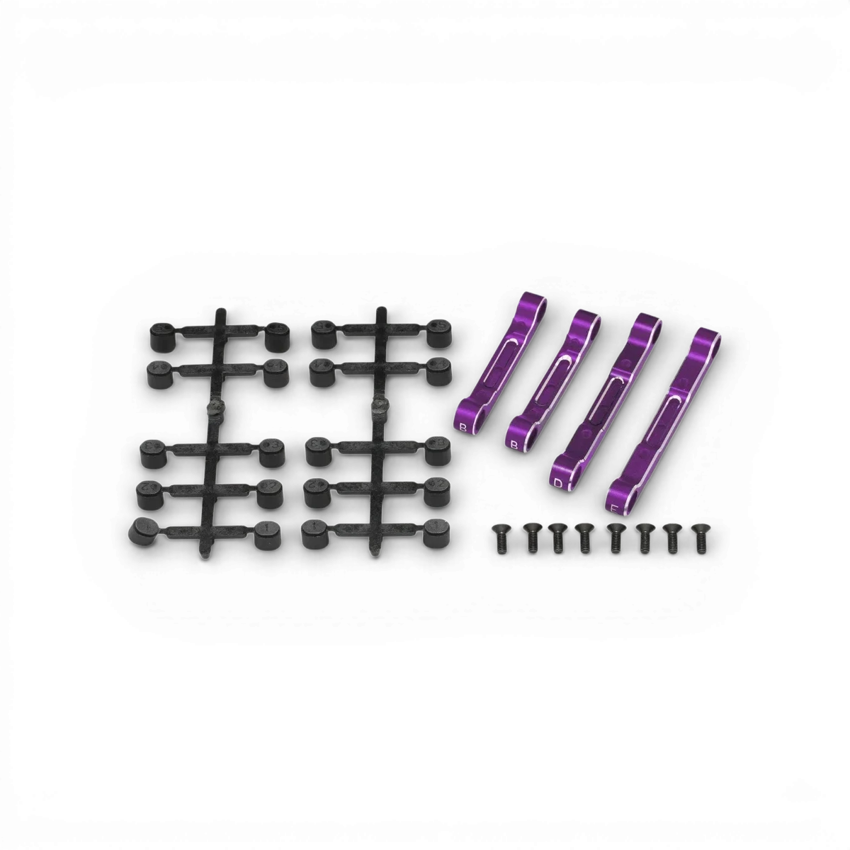 Ensemble de cales triangle YD2 violet édition limitée pour pièces détachées Team Yokomo, visible avec pièces en plastique violettes.
