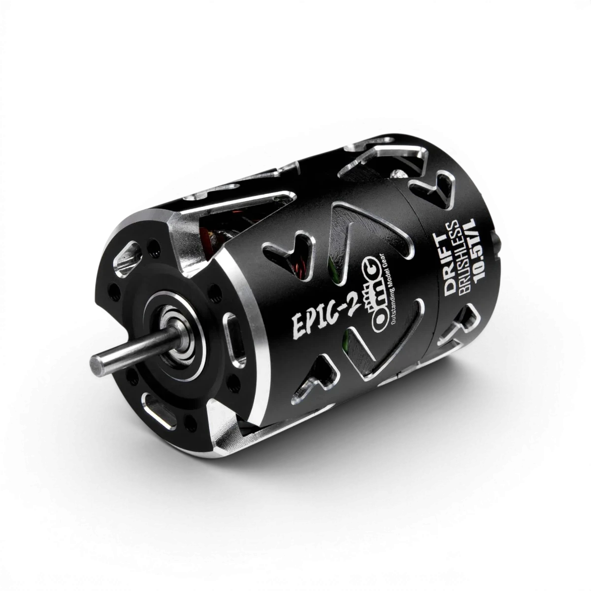 Moteur brushless sensored EPIC-2 10.5T noir pour modèle électronique, par la marque OMG, affiché en image.