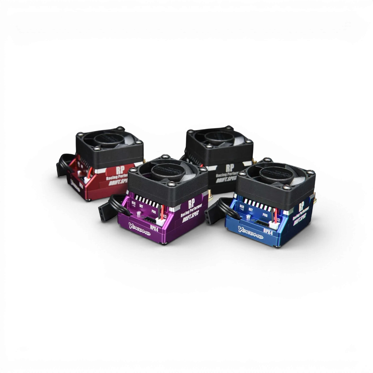 Contrôleur électronique Brushless de compétition RPX4 de Team Yokomo, vue de face avec connexions et indicateurs lumineux.