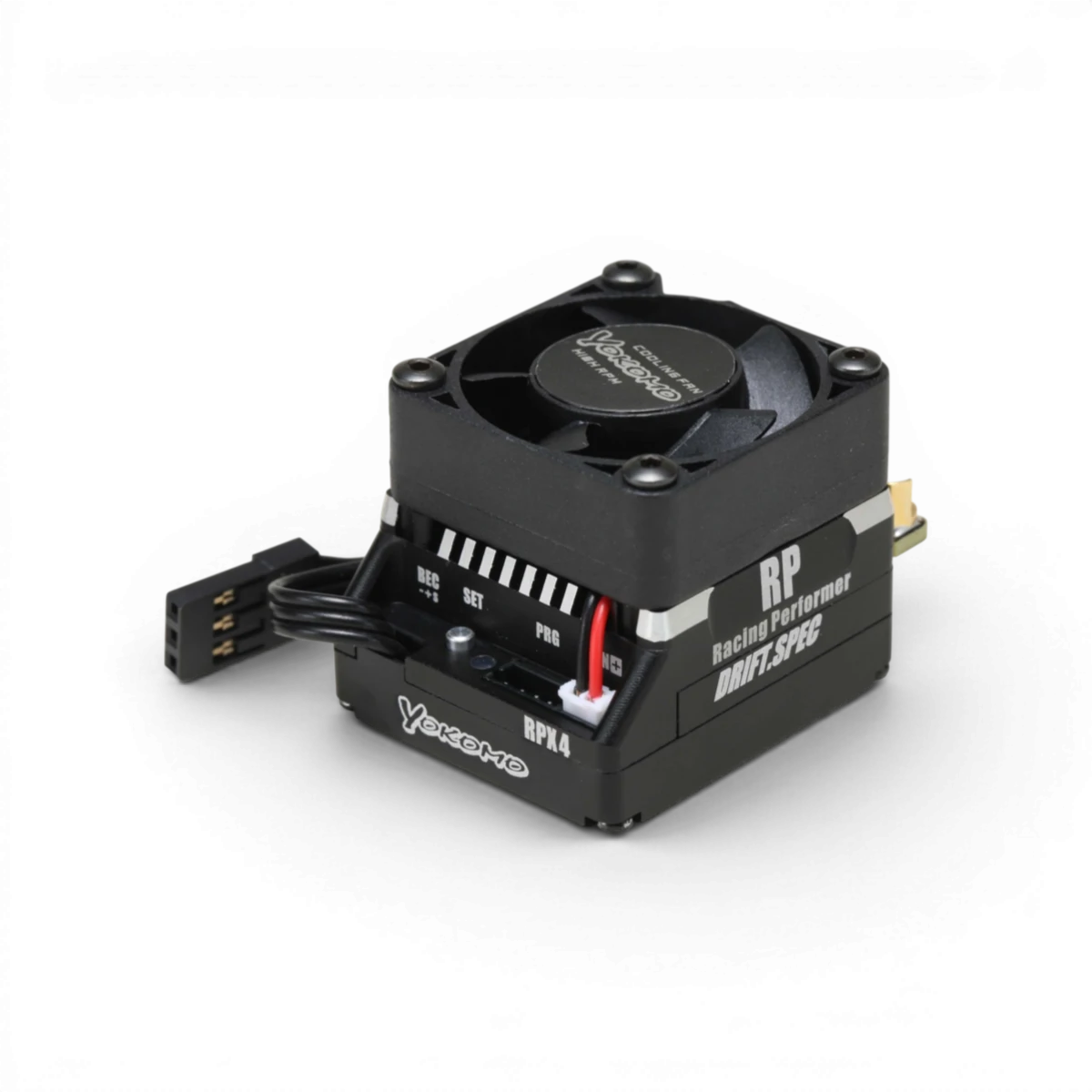 Contrôleur électronique brushless de compétition RPX4 de Team Yokomo pour voitures RC, vue en gros plan.