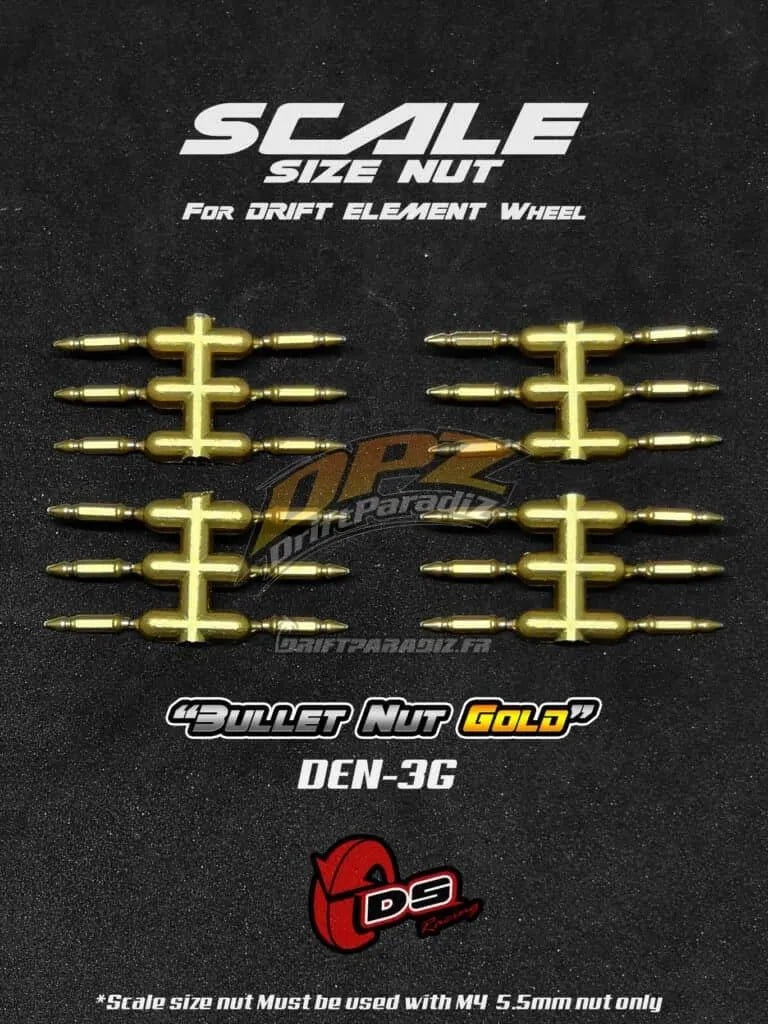 Goujons factices "Bullet" longs en chrome pour jantes de roues DS Racing, finition or, pour personnalisation automobile.