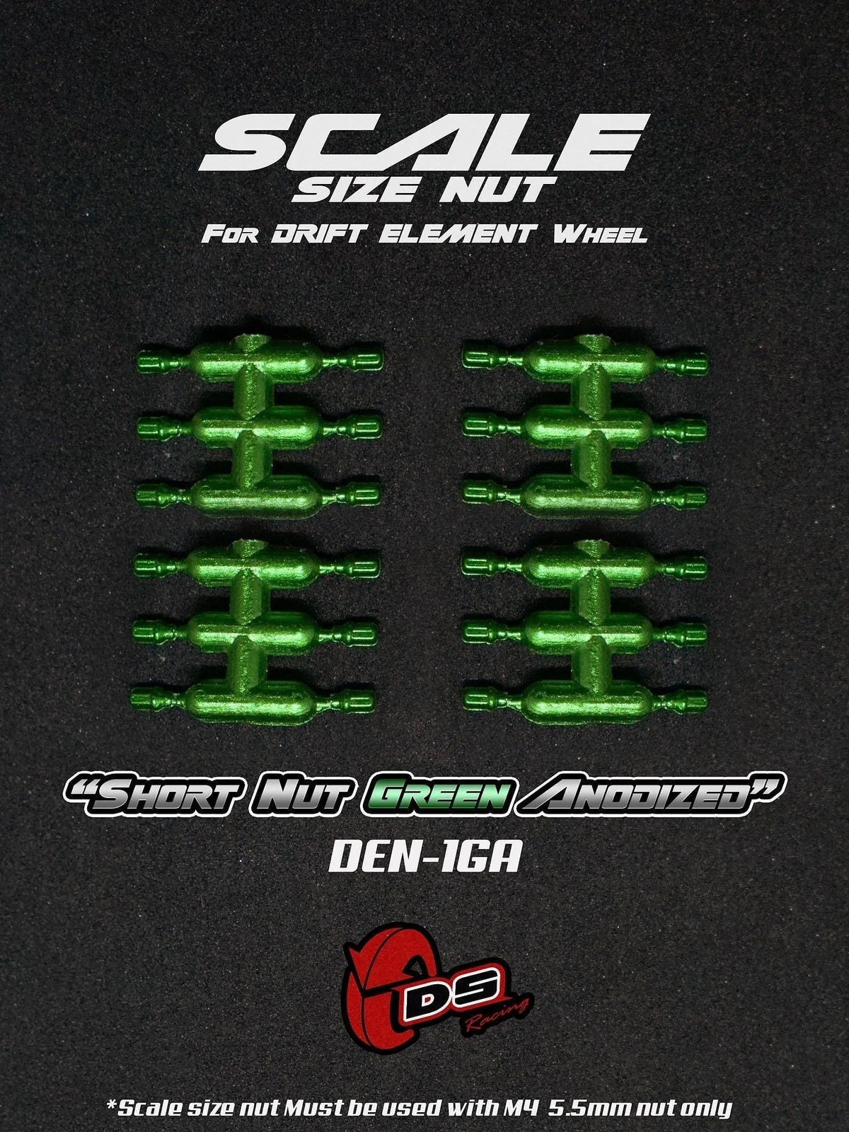 Goujons courts vert anodisé pour jantes, accessoires pour roues DS Racing, finition élégante et durable.