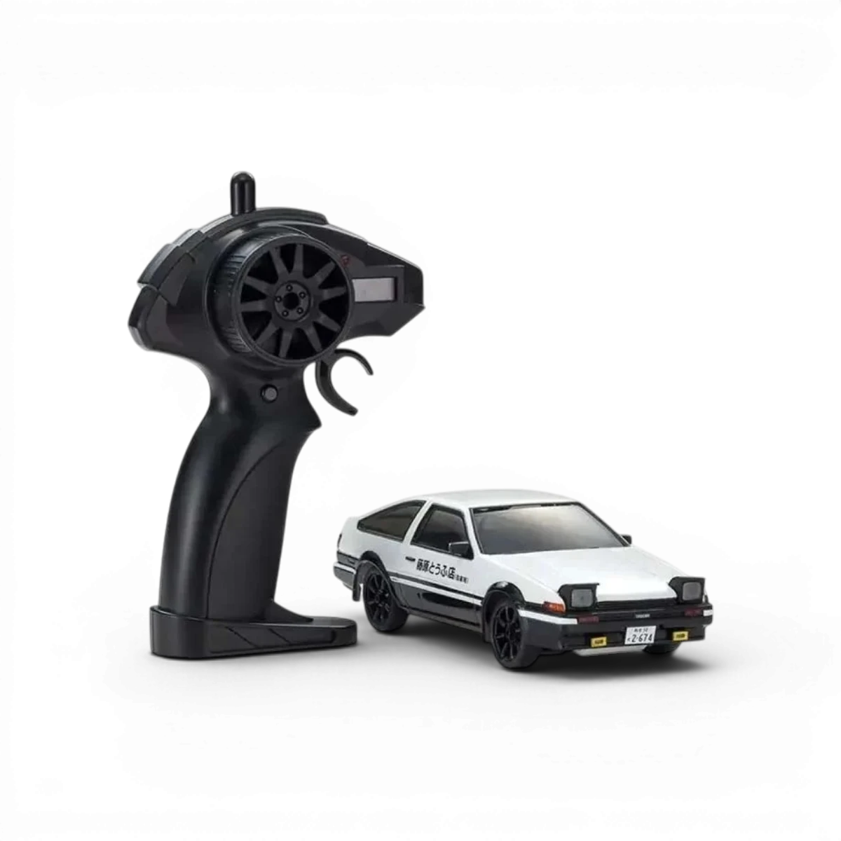 Modèle réduit Kyosho FIRST MINI-Z 1:28 Toyota Sprinter Trueno AE86 blanc et noir, carrosserie miniature pour collection ou course.