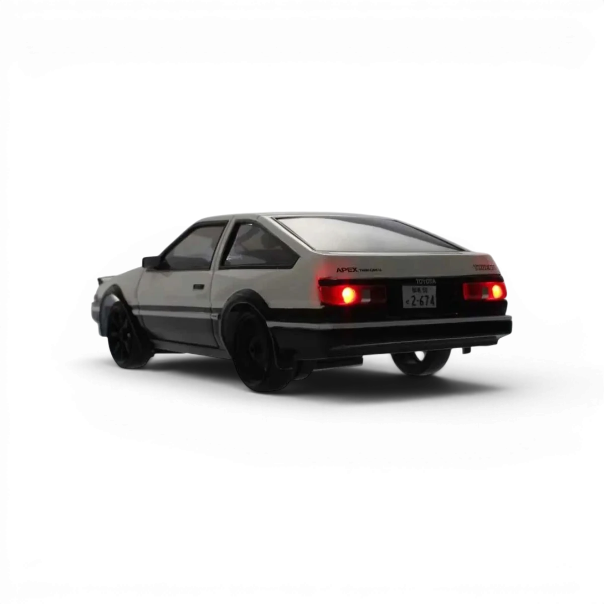 Voiture miniature Kyosho FIRST MINI-Z 1:28 Toyota Sprinter Trueno AE86 blanche et noire, carrosserie détaillée pour collection.