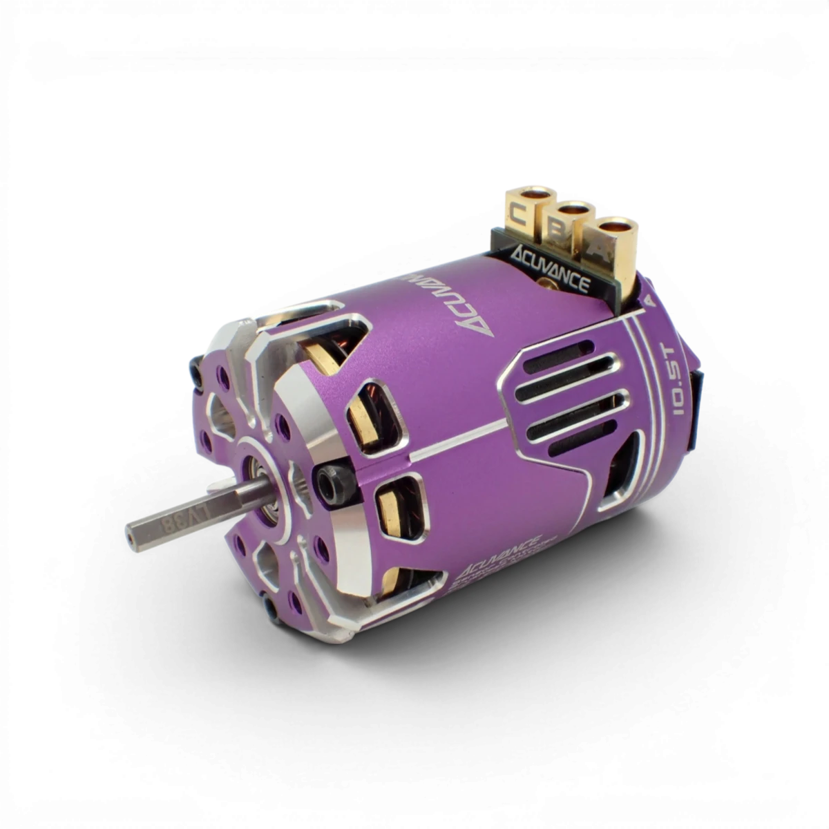 Moteur brushless violet Fledge 13,5T Acuvance, électronique, vue en gros plan avec câbles et connecteurs visibles