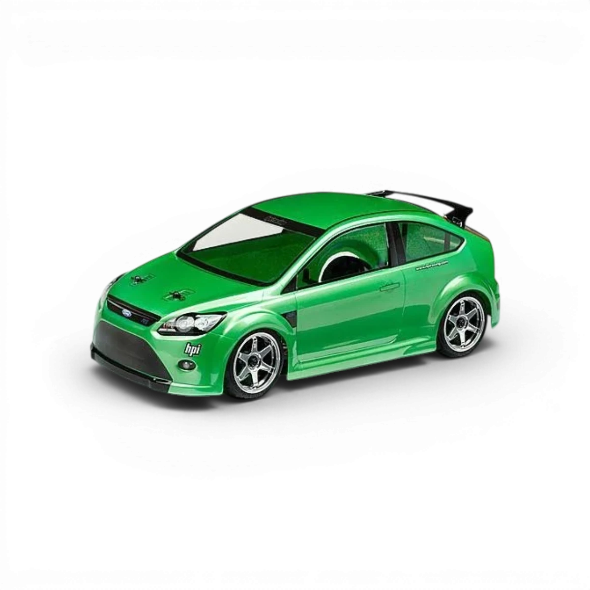 Détails de la carrosserie Ford Focus RS 200MM de la marque HPI, vue de face avec composants en plastique noir.