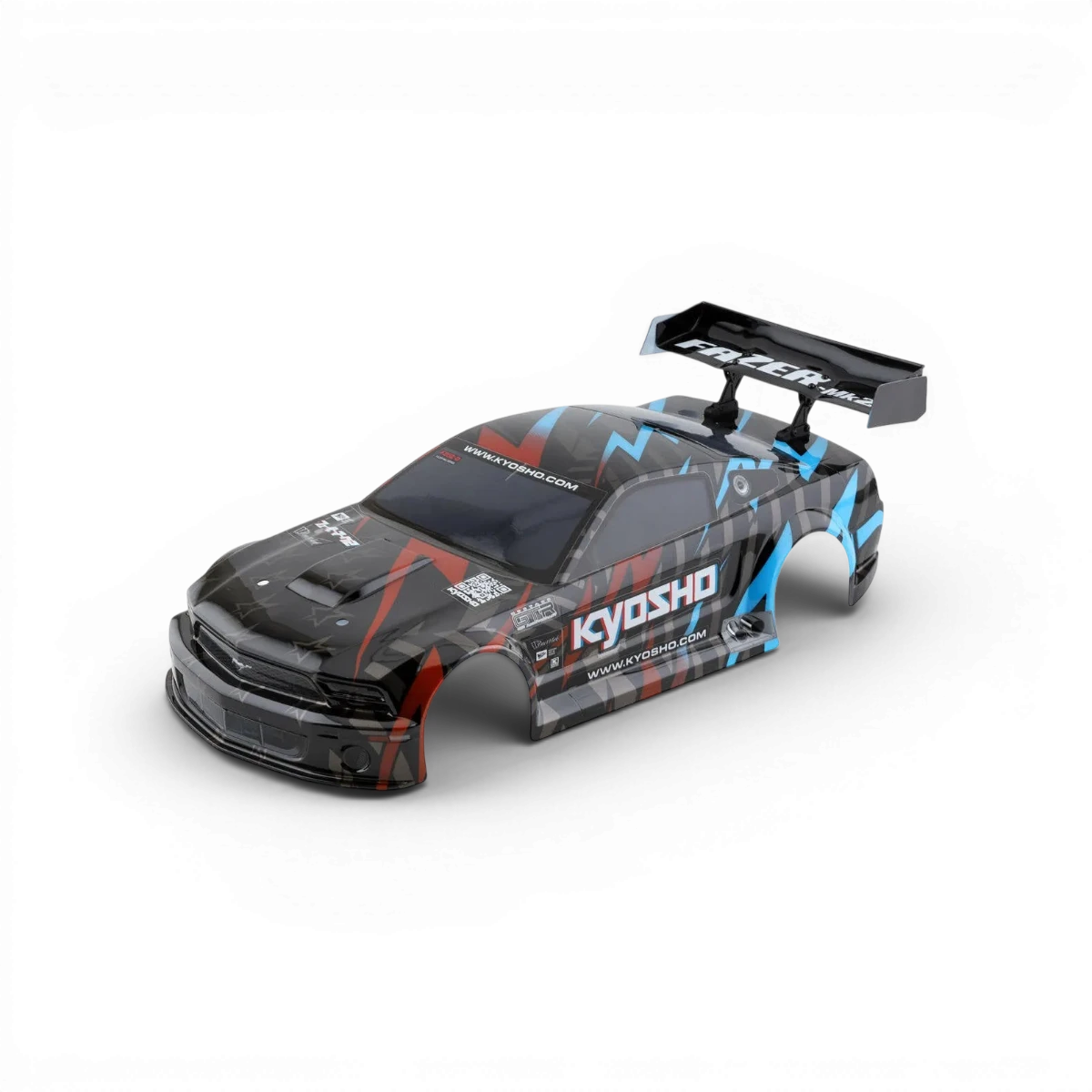 Modèle réduit Ford Mustang GT-R 2005 Kyosho, carrosserie détaillée, vue de face avec logo et design réaliste.