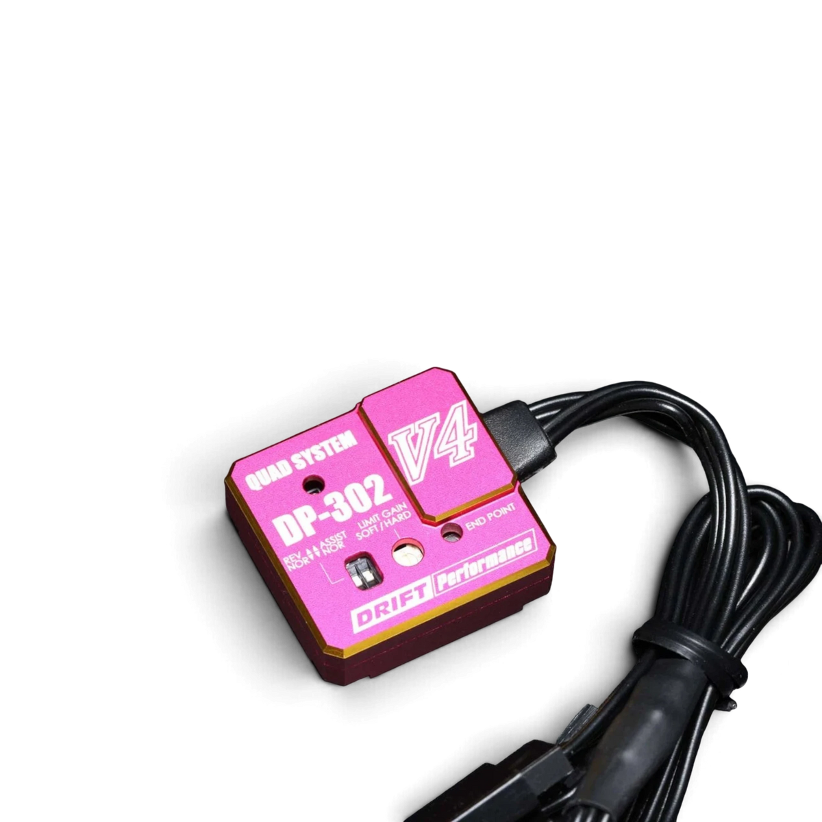 Gyro V4 Rose de Team Yokomo, contrôleur électronique 2ch/3ch pour RC, avec écran et réglages visibles sur l'appareil.