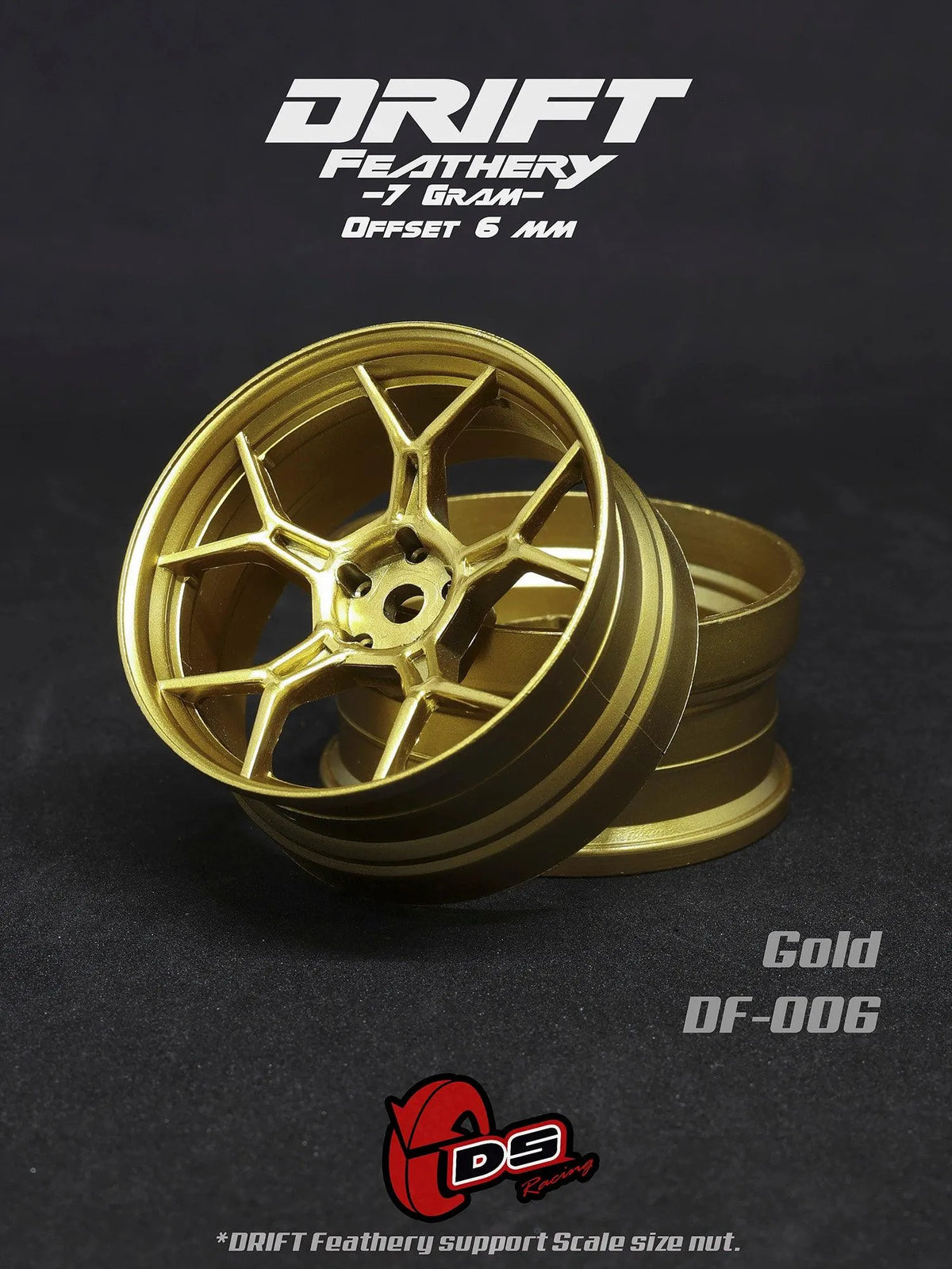 Jantes drift Feathery DS Racing en or, 2 pièces avec +6mm, roues de haute performance pour voiture RC.