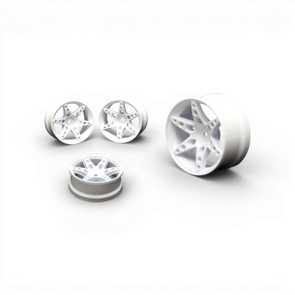 Jantes R1 déport blanc de 6mm pour voiture RC, par Src Sideways RC, vue d'ensemble sur fond blanc.