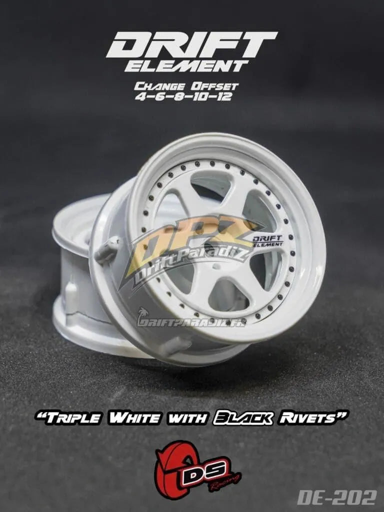 Jantes réglables Drift Element II blanches avec visserie noire, roues de haute performance pour voiture DS Racing.