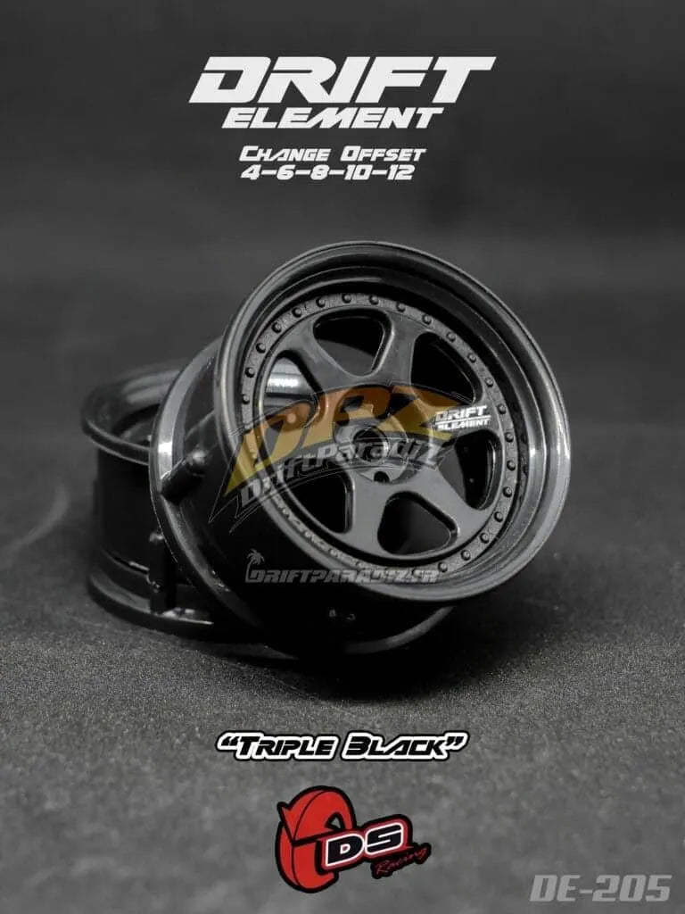 Jantes réglables Drift Element II noires avec visserie noire, roues de course DS Racing pour voitures radiocommandées.