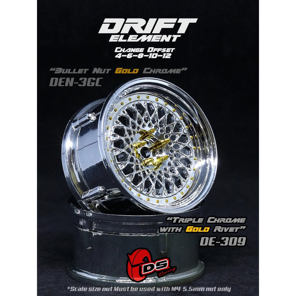Jantes réglables DS Racing Drift Element Mesh en chrome avec rivets, design sportif pour voitures de drift.