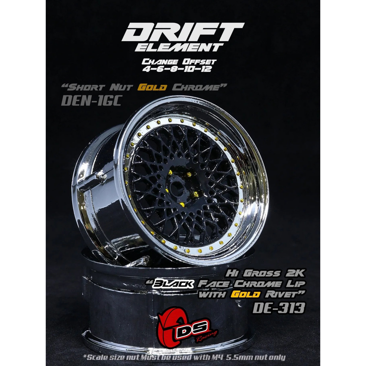 Jantes réglables DS Racing Drift Element Mesh noires avec rivets or, roues pour voiture de drift.