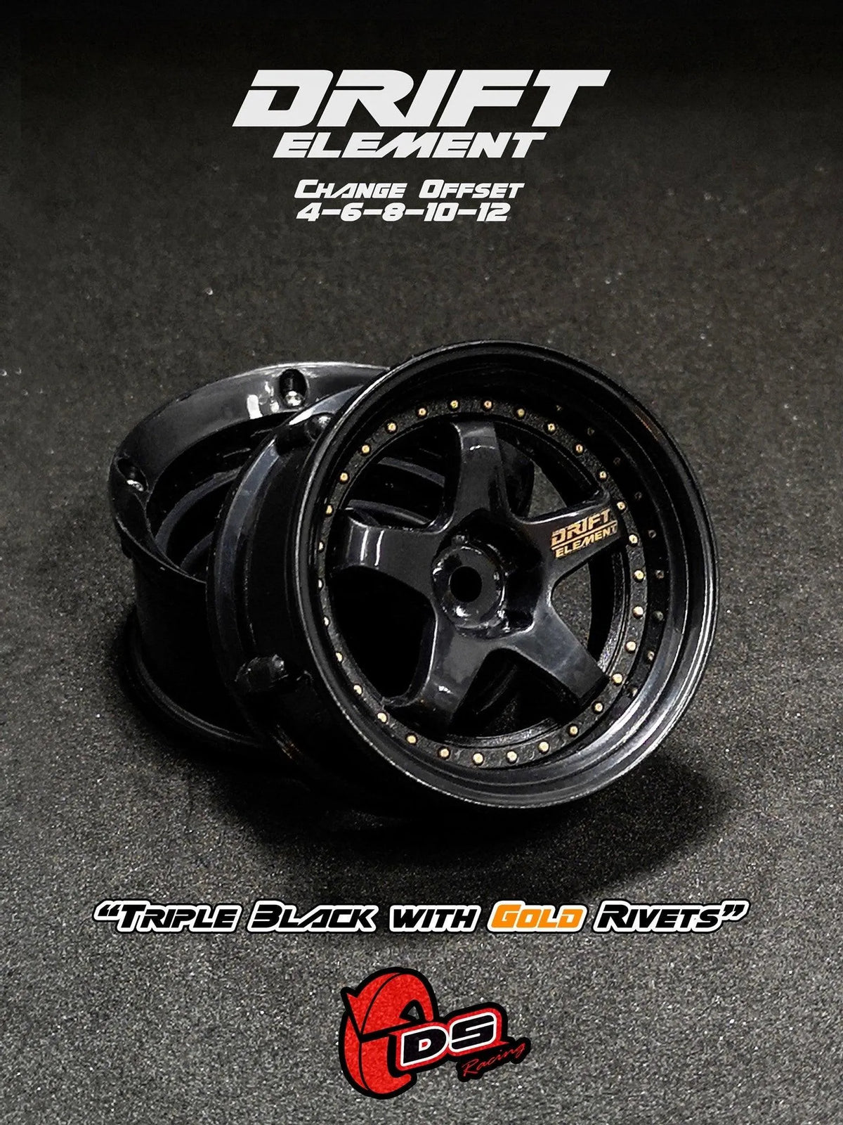 Jantes réglables DS Racing Drift Element noires avec visserie dorée, roues pour voitures de drift.
