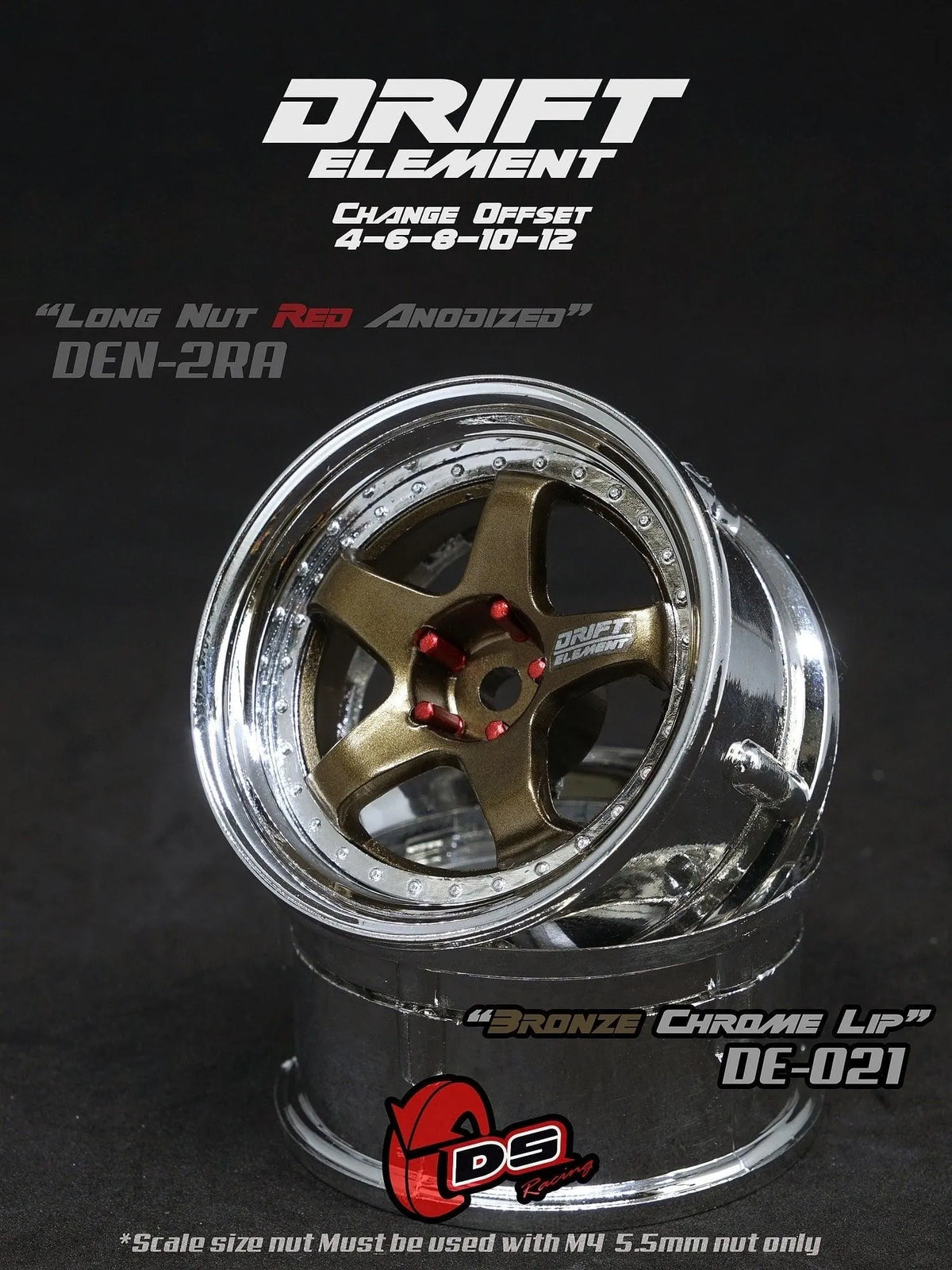 Jantes réglables Drift Elements en bronze et chrome avec visserie chrome, conçues pour voitures de course DS Racing.