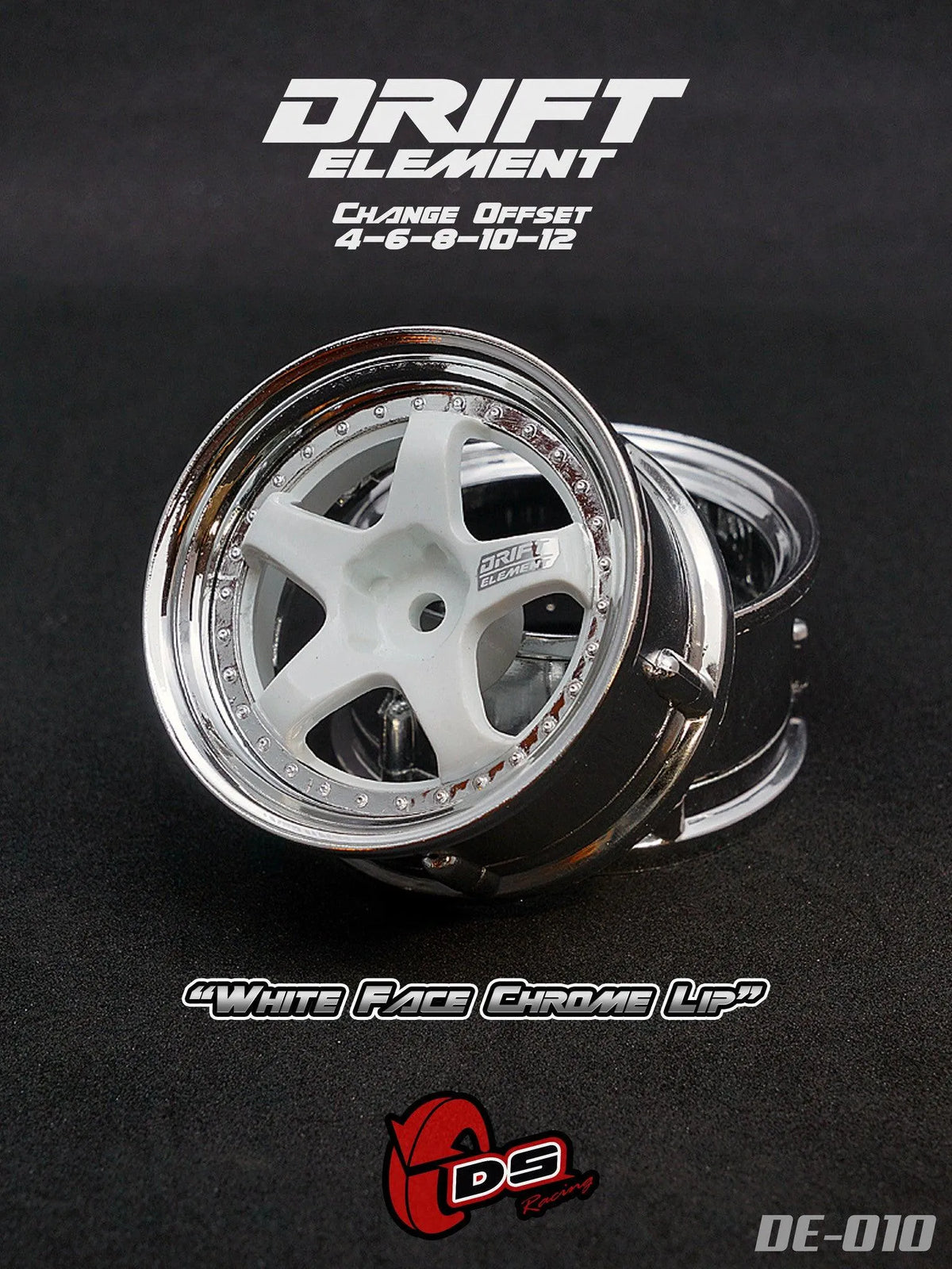 Jantes réglables DS Racing Drift Elements chromées et blanches avec visserie chrome, pour voitures de drift.