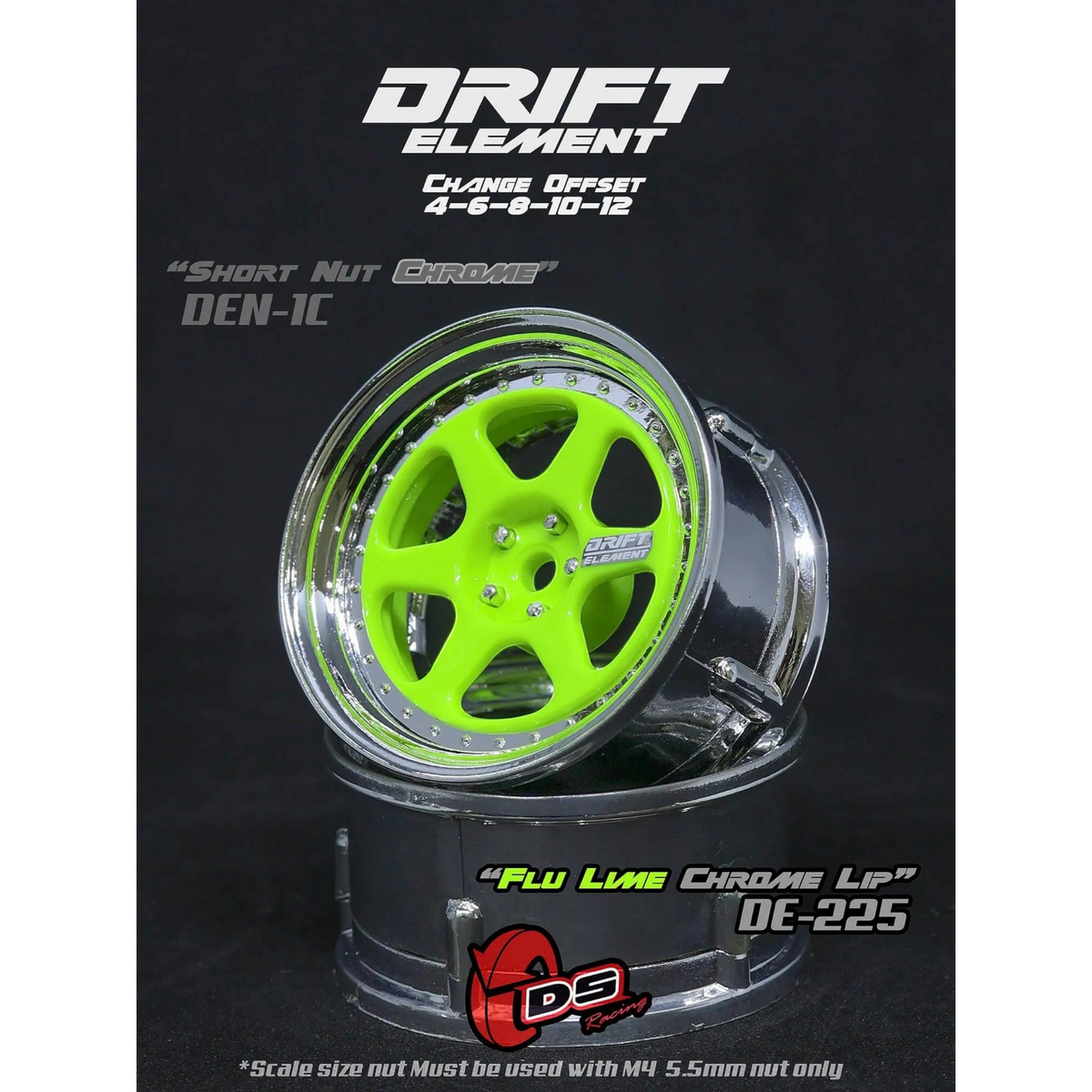 Jantes réglables Drift Elements en citron et chrome, marque DS Racing, pour véhicules de drift, visibles en gros plan.