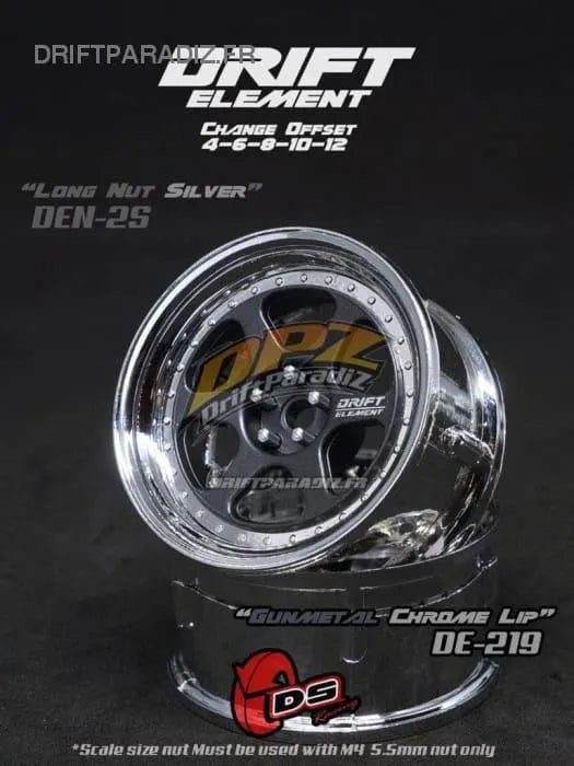 Jantes réglables DS Racing Drift Elements en métal gun metal et chrome avec visserie chromée, pour voitures de drift.