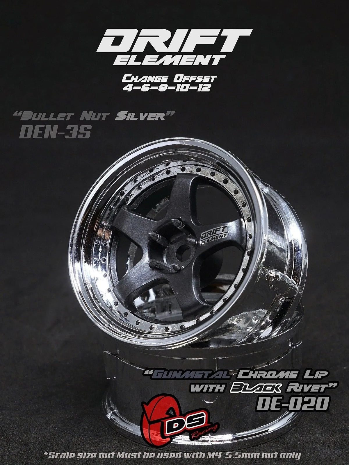 Jantes réglables Drift Elements en Gun Metal et Chrome avec visserie noire, conçues pour voiture de drift DS Racing.