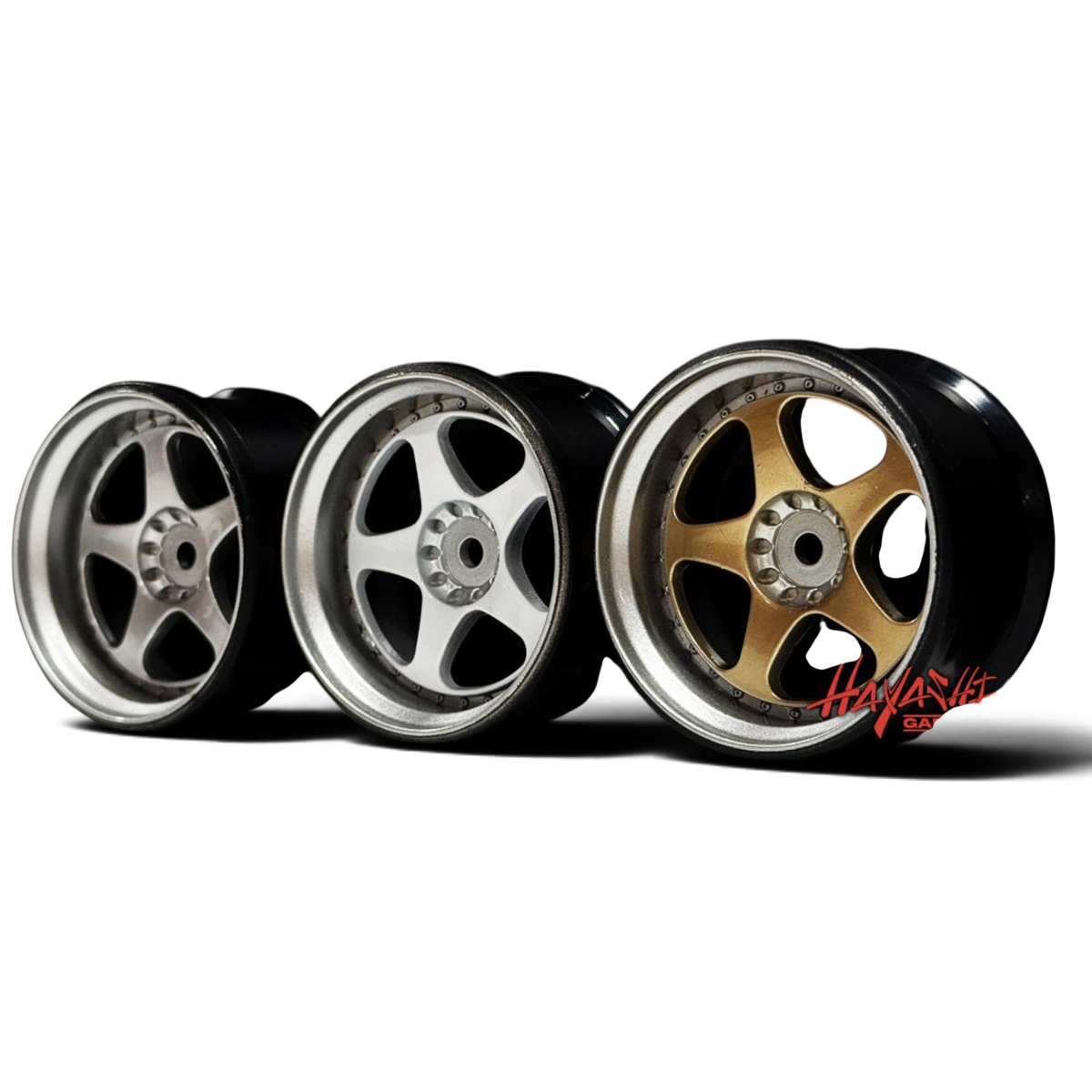 Jantes RIMS 5-STAR MULTIPIECE STYLE 1/10 blanc brillant avec offset de 8 mm, marque Hayashi Garage, vue de face.