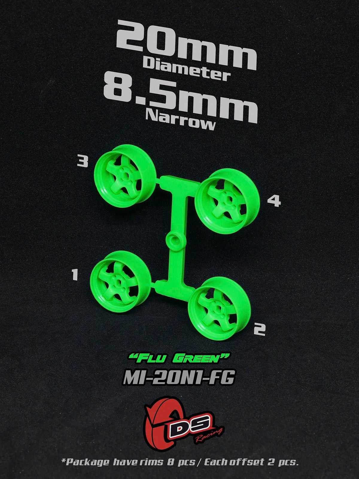 Jantes vertes Mini Z N de 20mm et 8,5mm de DS Racing, roues pour voiture RC, visibles en gros plan.