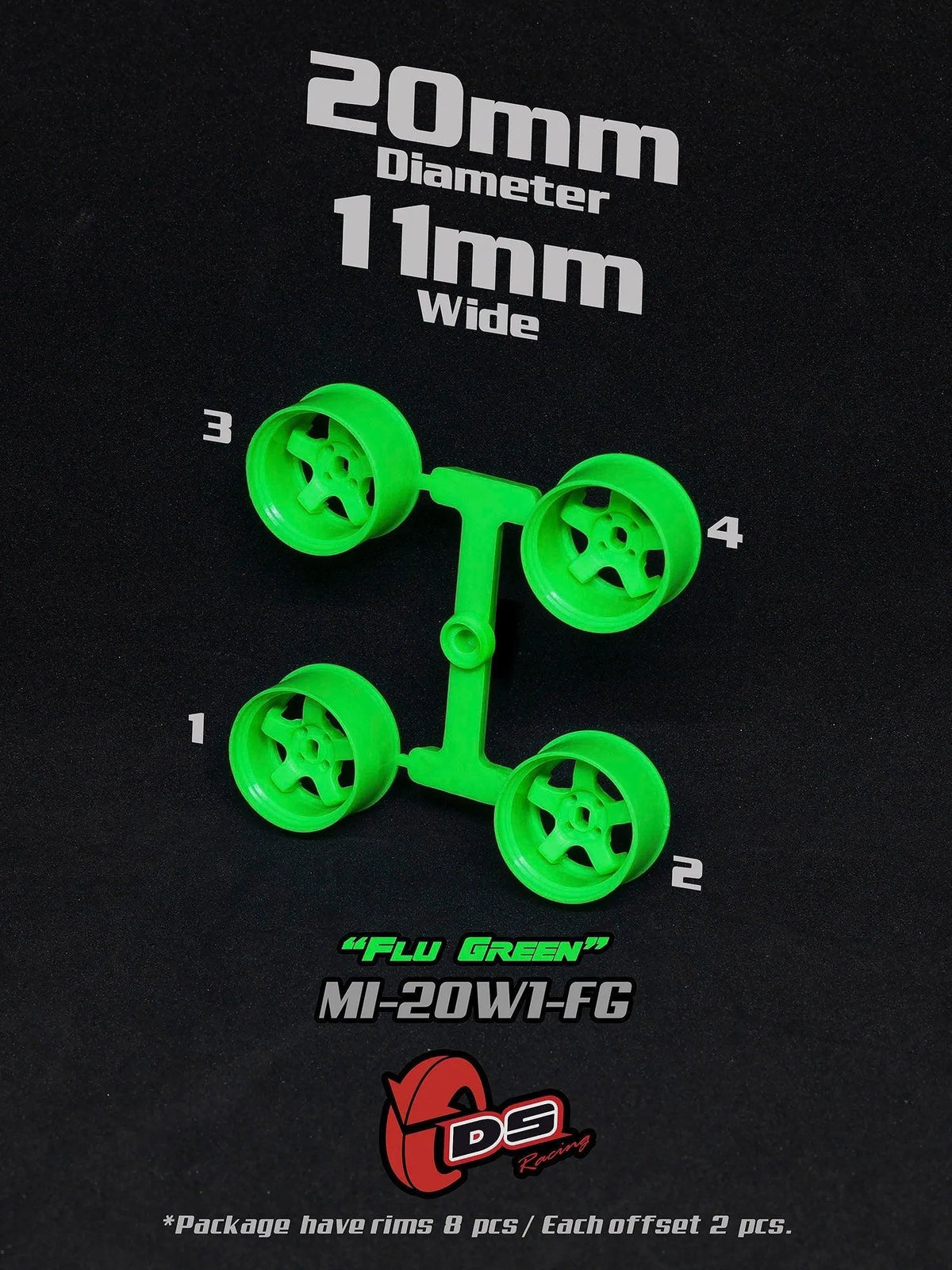 Jantes vertes Mini Z W de 20mm et 11mm de DS Racing, roues pour voiture RC, vue de face avec détails colorés.