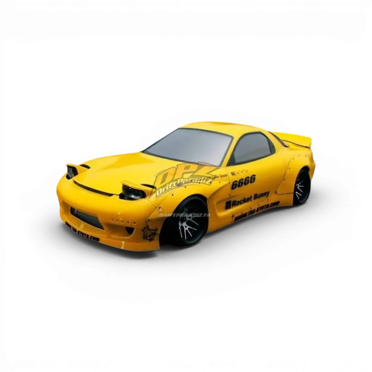 Kit carrosserie Rocket Bunny complet pour Mazda RX7 FD3S, par Addiction RC Design, avec ailes, pare-chocs et éléments de style.