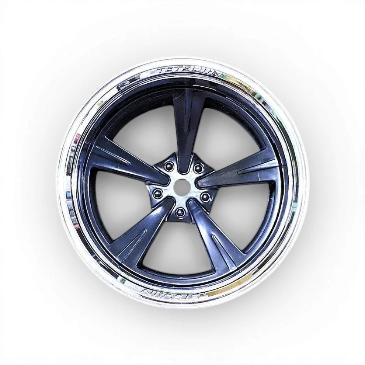 Ensemble de roues Tetsujin Mandarin chrome et noir, avec finition brillante, conçu pour véhicules ou motos.
