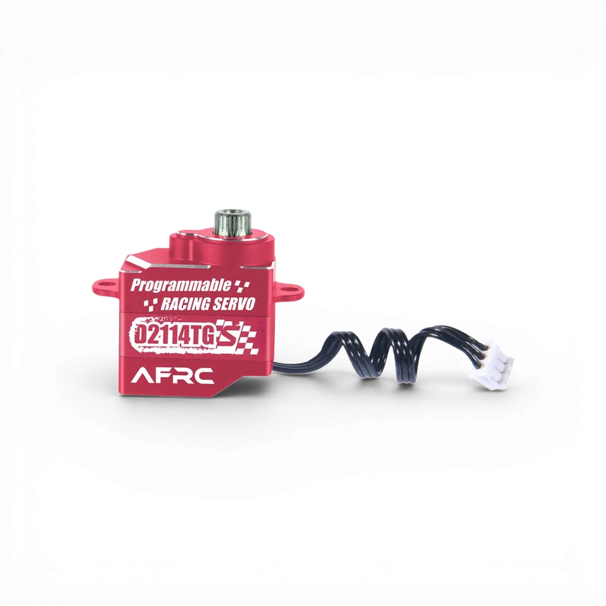 Mini servo AFRC D2114TG-S 25T électronique en violet, vue de face, avec détails techniques visibles.