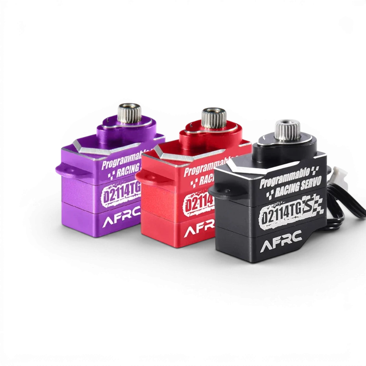 Mini servo AFRC D2114TG-S 25T, électronique, couleur violette, vue de face montrant le moteur compact avec engrenages.