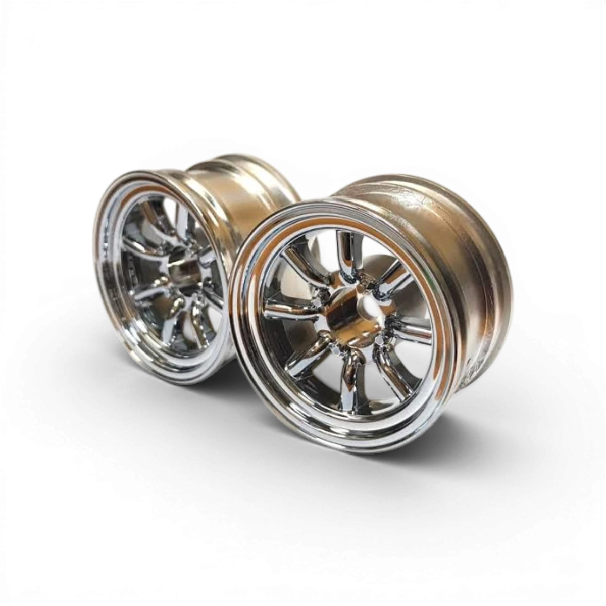 Roues MINI WATANABE OFFSET1 Chrome de la marque Topline, avec finition chromée brillante, visibles en gros plan.