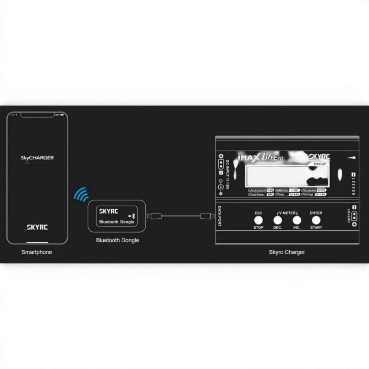 Module dongle Bluetooth SkyRc pour électronique, vue du produit avec connecteurs et indicateurs lumineux.