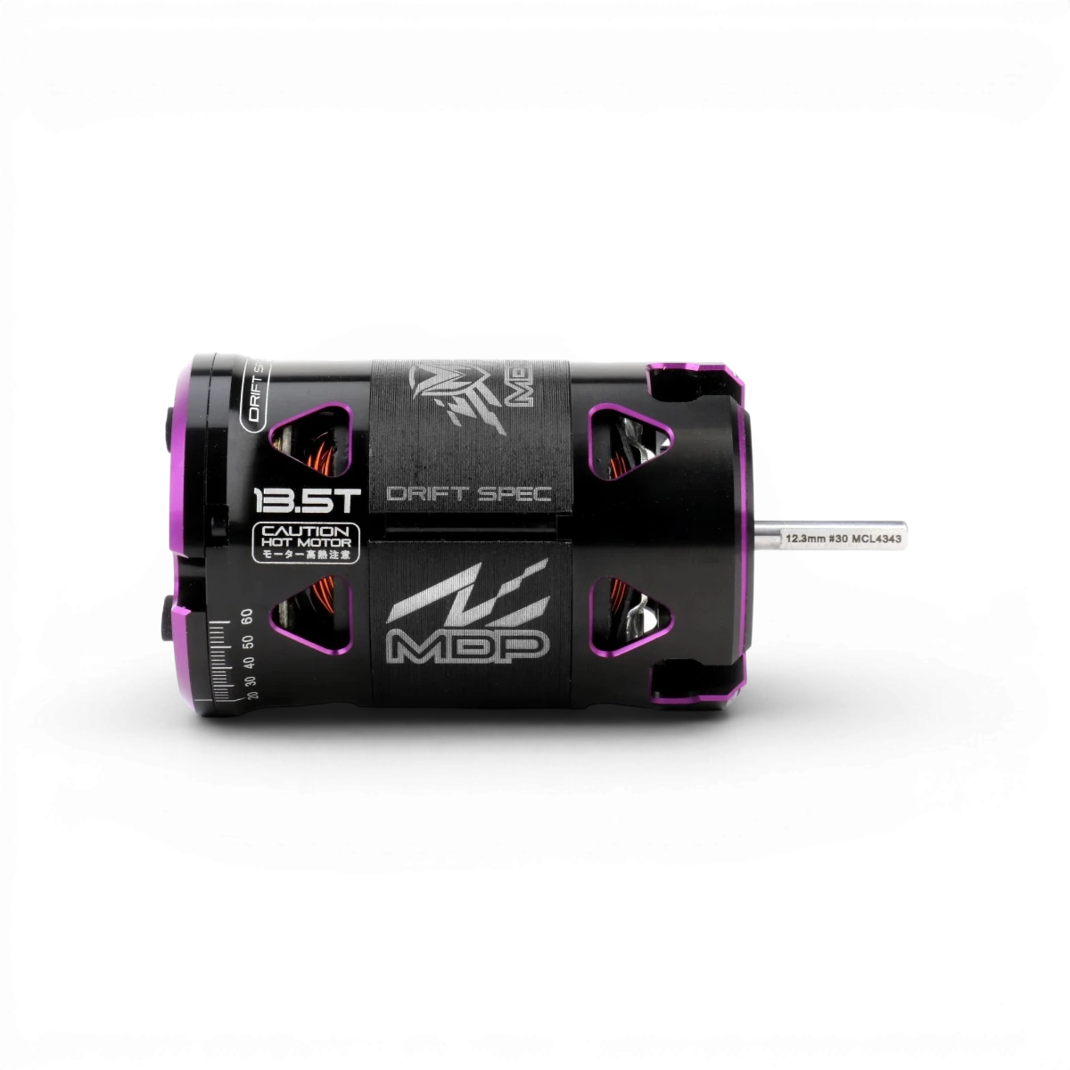 Moteur brushless Drift Performance MDP 13.5T Maclan pour voiture RC, vue de face avec câbles et détails techniques visibles.