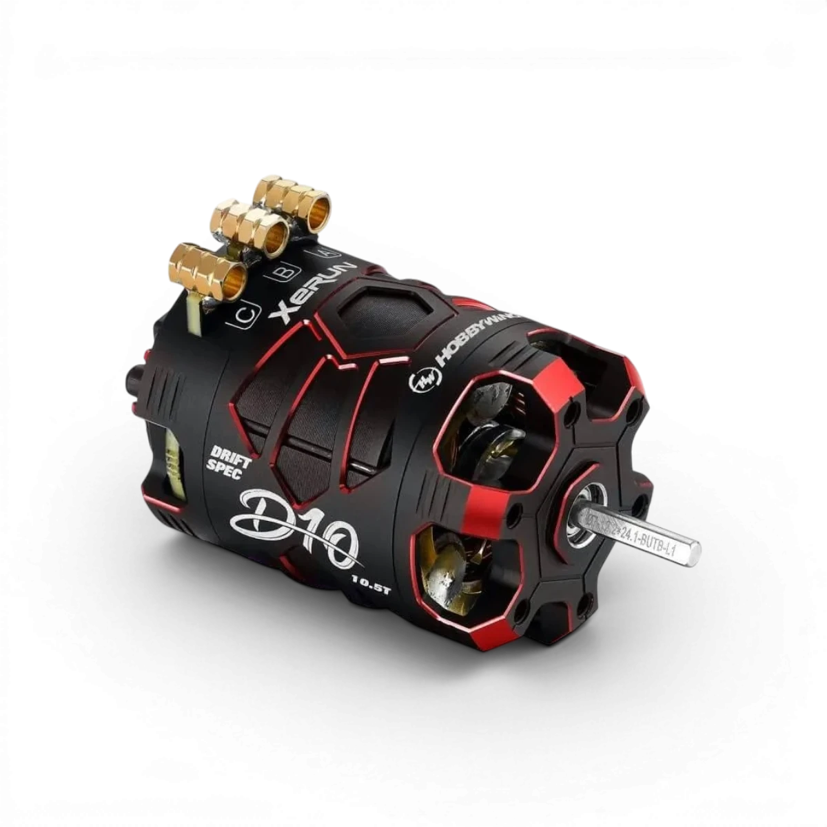 Moteur électronique Hobbywing Xerun D10 Brushless 10.5T noir et rouge pour drift, vue de face avec détails du design