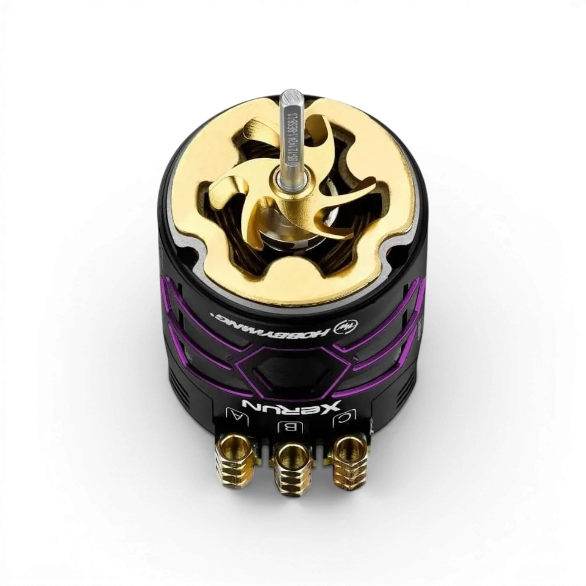 Moteur brushless Hobbywing Xerun D10 10.5T pour drift, noir et violet, vue de face avec refroidissement et câbles.
