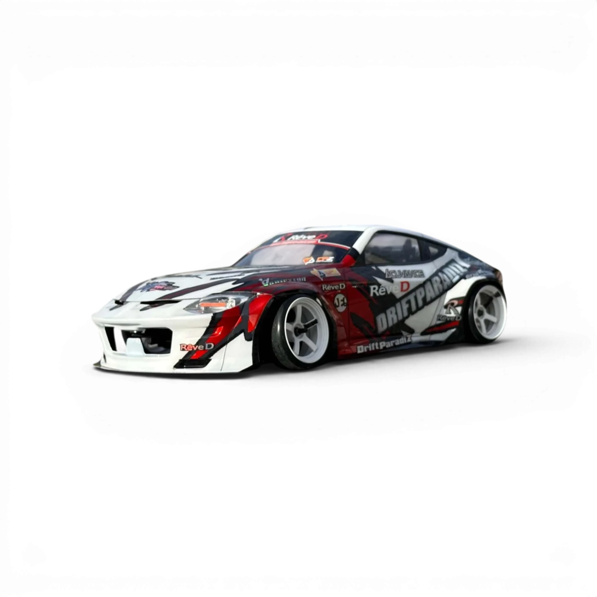 Carrosserie Nissan 400Z Fairlady par Addiction RC Design, en plastique noir avec détails rouges et design aérodynamique.