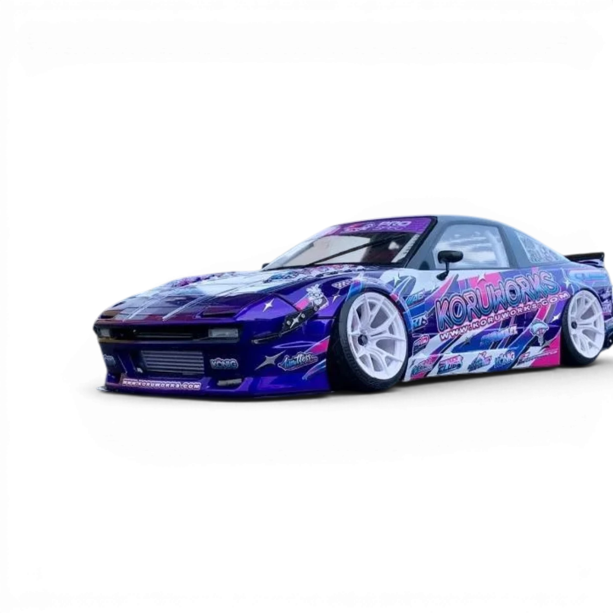 Carrosserie Nissan S13 180SX 247mm Pandem V3 de Addiction RC Design, en échelle réelle, vue de face avec détails précis.