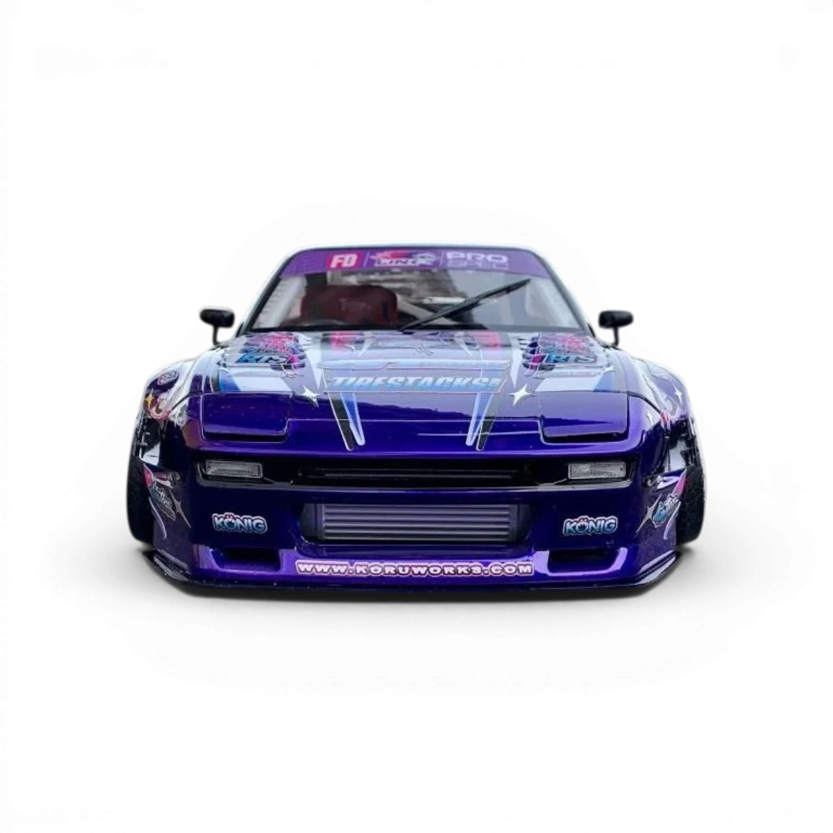 Carrosserie Nissan S13 180SX 247mm Pandem V3 en échelle réelle, par Addiction RC Design, vue de face sur fond blanc.