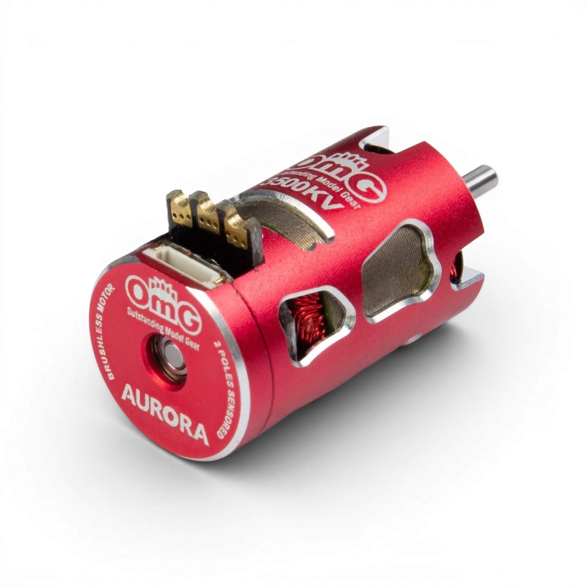 Moteur électronique OMG-MT-AURORA 5500KV S2 pour véhicule RC, finition noire, avec connecteurs visibles.