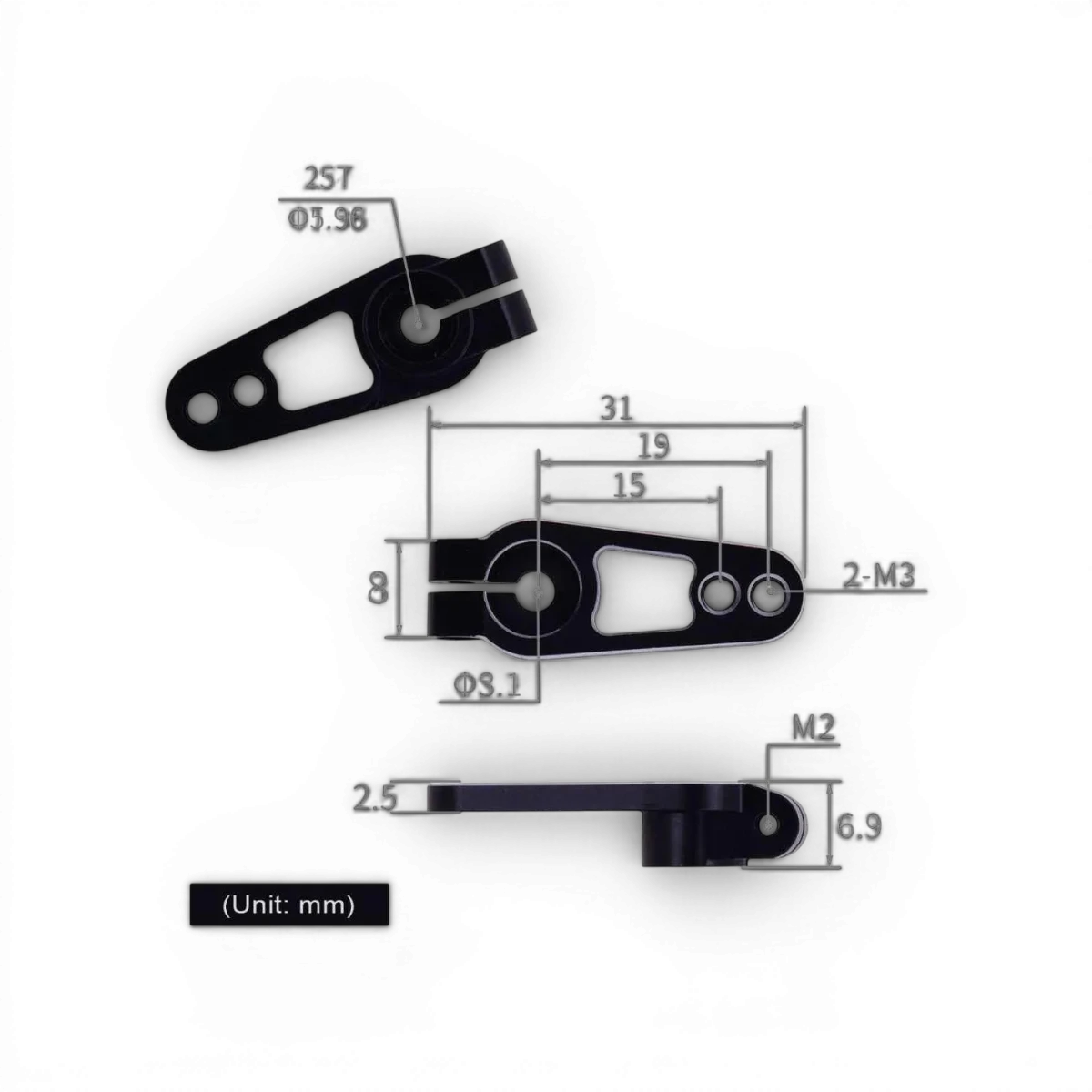Palonnier servo en aluminium 25T pour électronique, marque OMG, visible sur le produit avec composants métalliques.