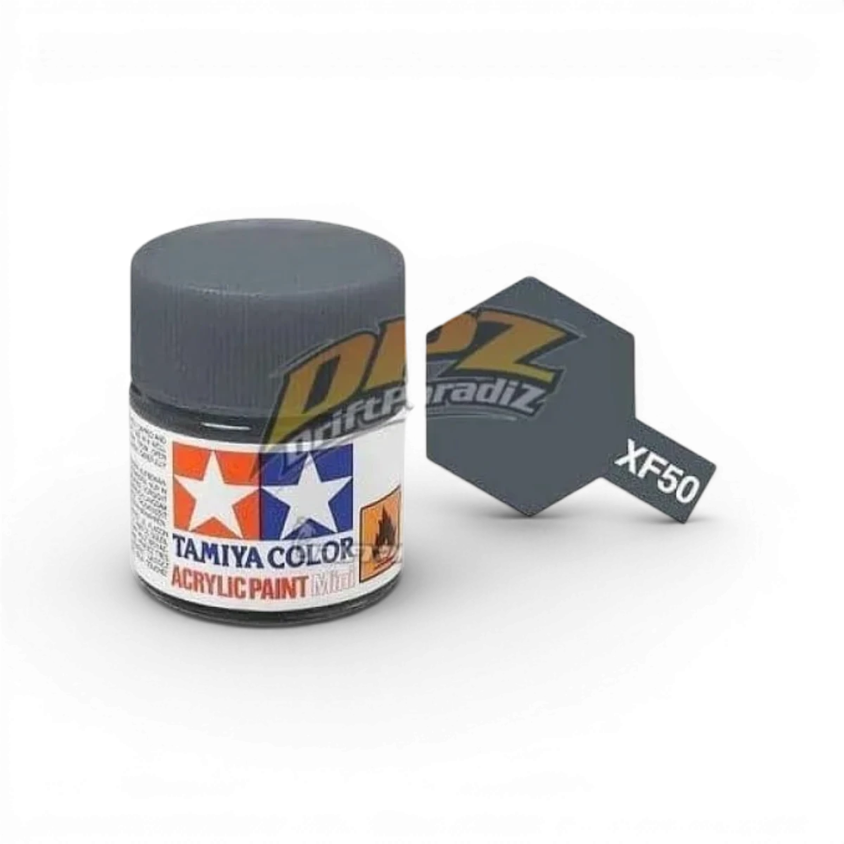 Peinture Tamiya Bleu Campagne Mat XF50 pour modélisme, flacon avec étiquette colorée et bouchon noir.