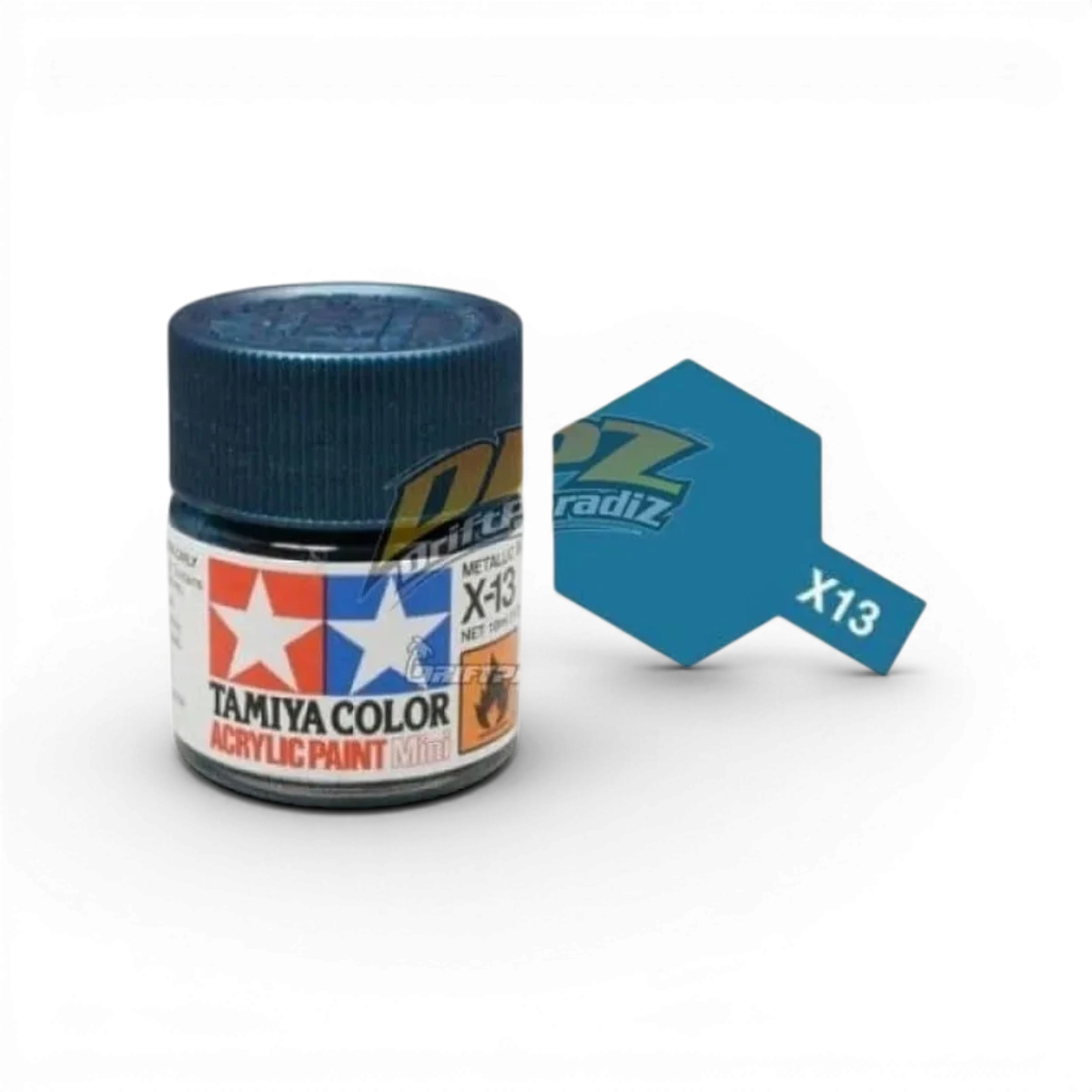 Peinture Tamiya Bleu Métal Brillant X13 pour modèles et maquettes, finition métallique éclatante, pot de peinture.